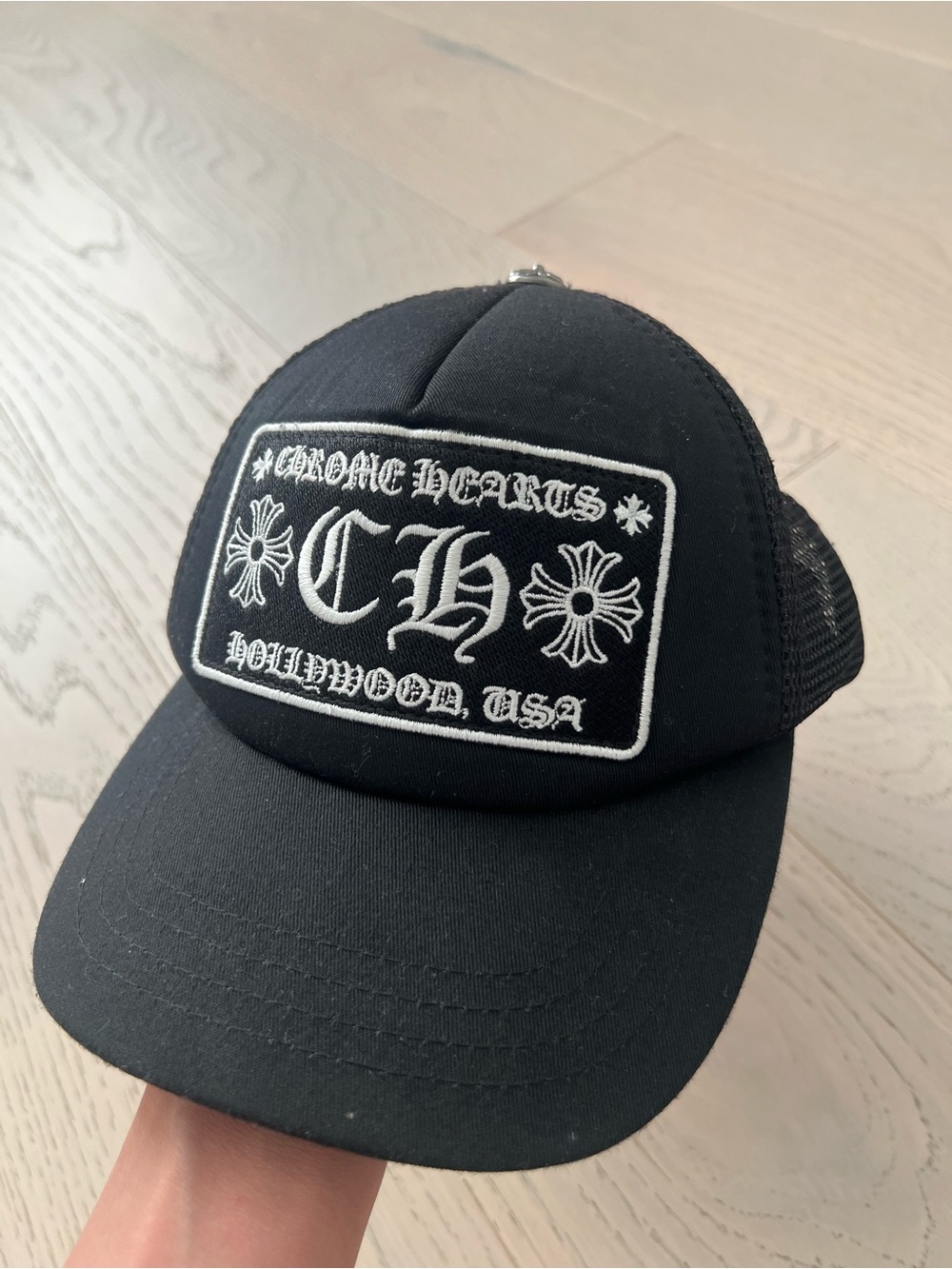 Chrome Hearts Black Trucker Hat with White Patch